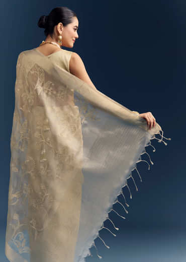 Gold Tissue Organza Saree With Zari And Resham Work Gold Tissue Organza Saree With Zari And Resham Work