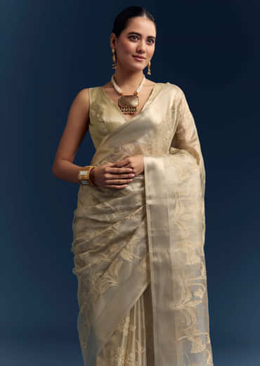 Gold Tissue Organza Saree With Zari And Resham Work Gold Tissue Organza Saree With Zari And Resham Work