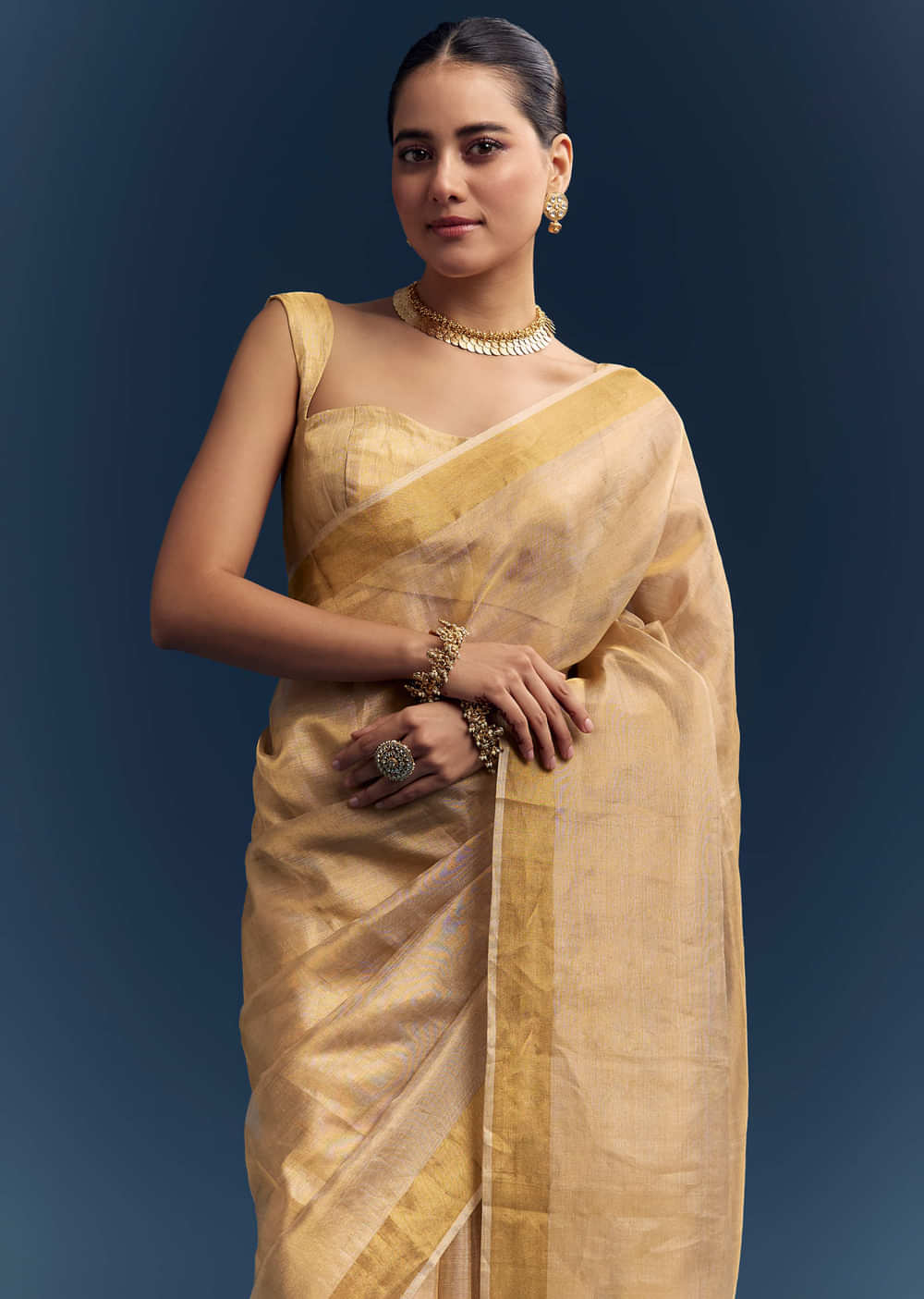 Gold Tissue Organza Woven Saree With Golden Zari Work