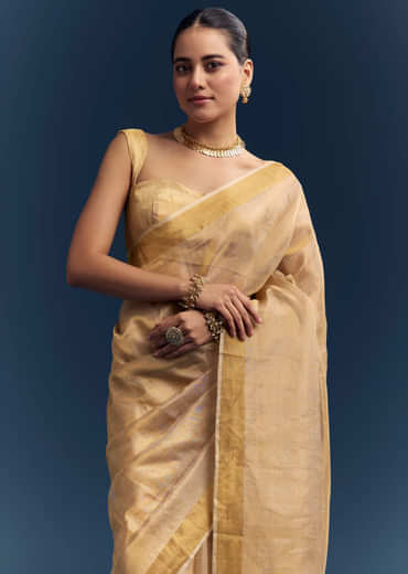 Gold Tissue Organza Woven Saree With Golden Zari Work Gold Tissue Organza Woven Saree With Golden Zari Work