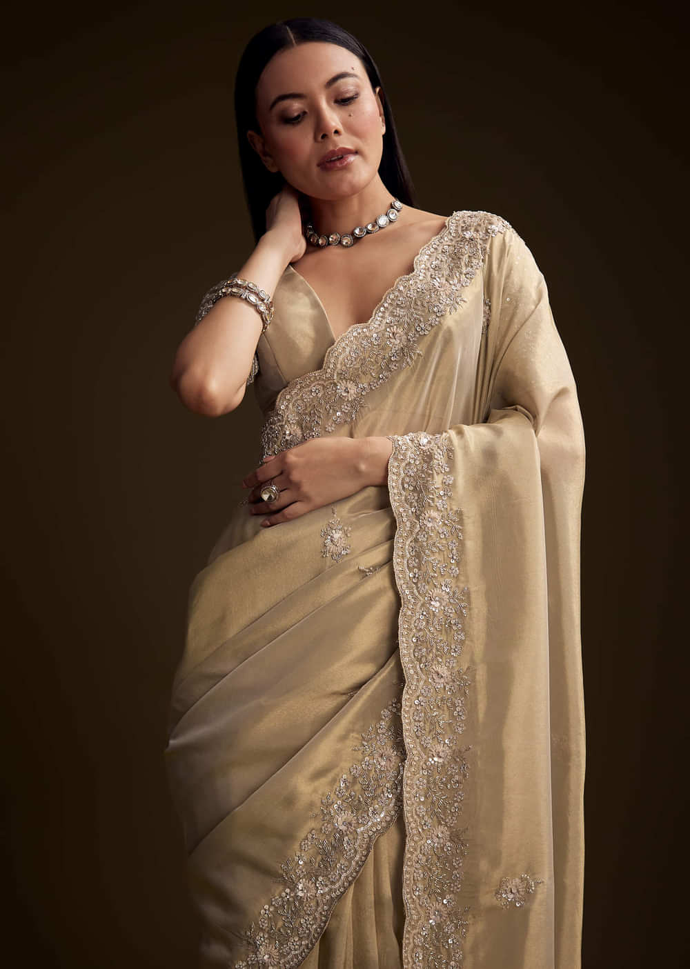 Gold Tissue Saree With Stone And Bead Embroidery