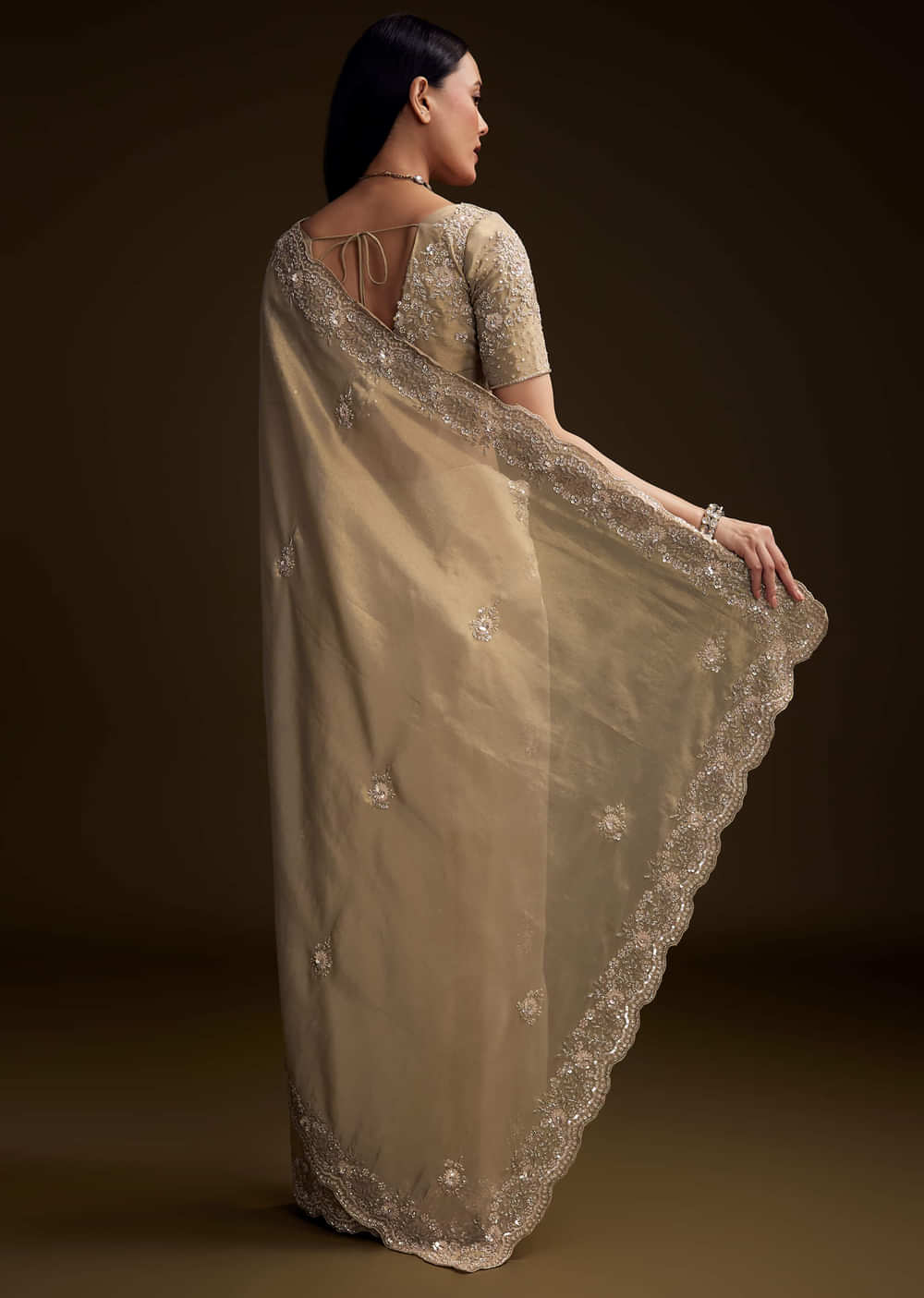 Gold Tissue Saree With Stone And Bead Embroidery