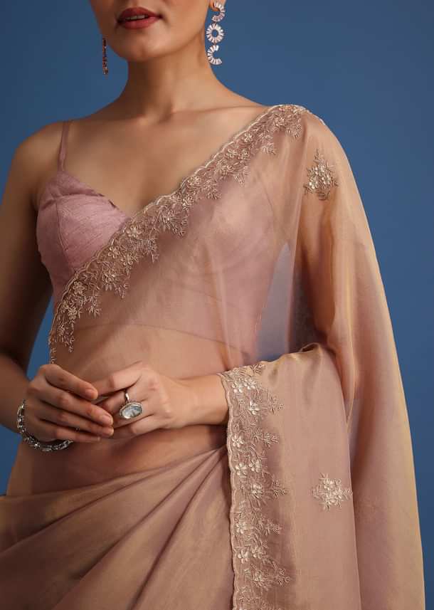 Gold Tissue Saree With Stones And Cutdana Embroidered Border