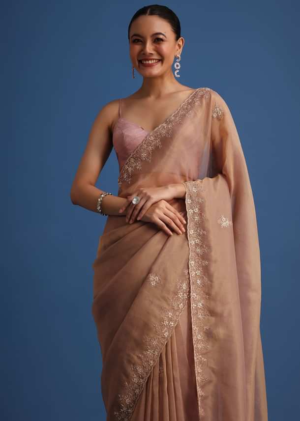 Gold Tissue Saree With Stones And Cutdana Embroidered Border