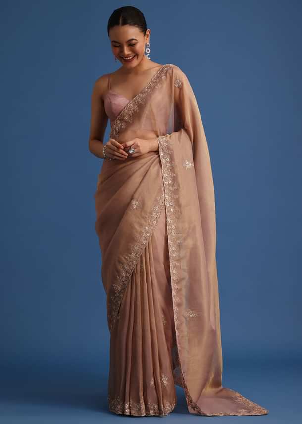 Gold Tissue Saree With Stones And Cutdana Embroidered Border