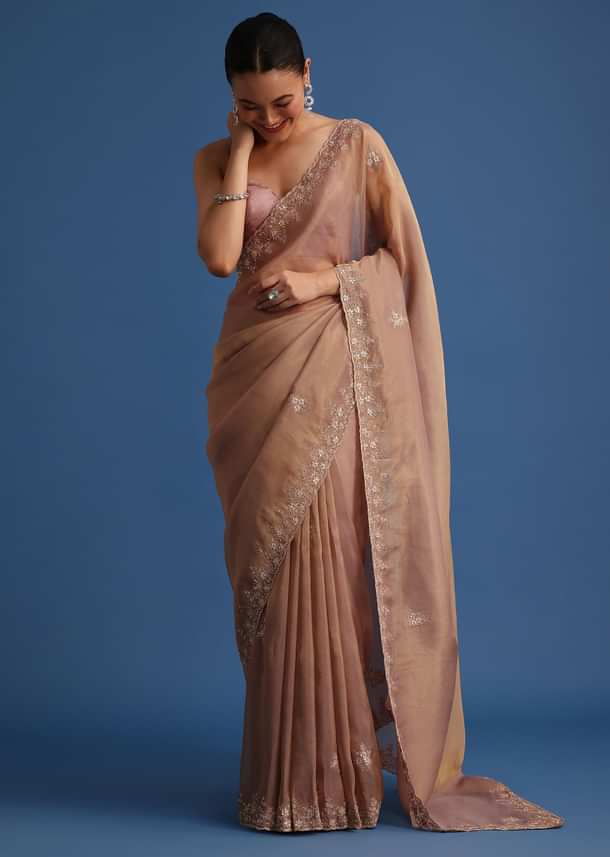 Gold Tissue Saree With Stones And Cutdana Embroidered Border