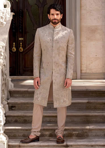 Gold Tissue Sherwani For Groom With Intricate Zardosi Work