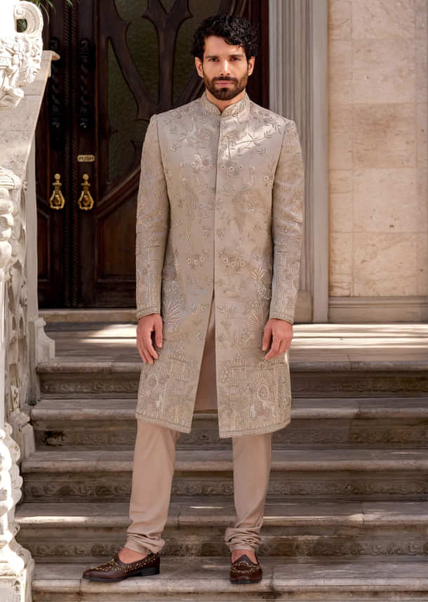 Gold Tissue Sherwani For Groom With Intricate Zardosi Work