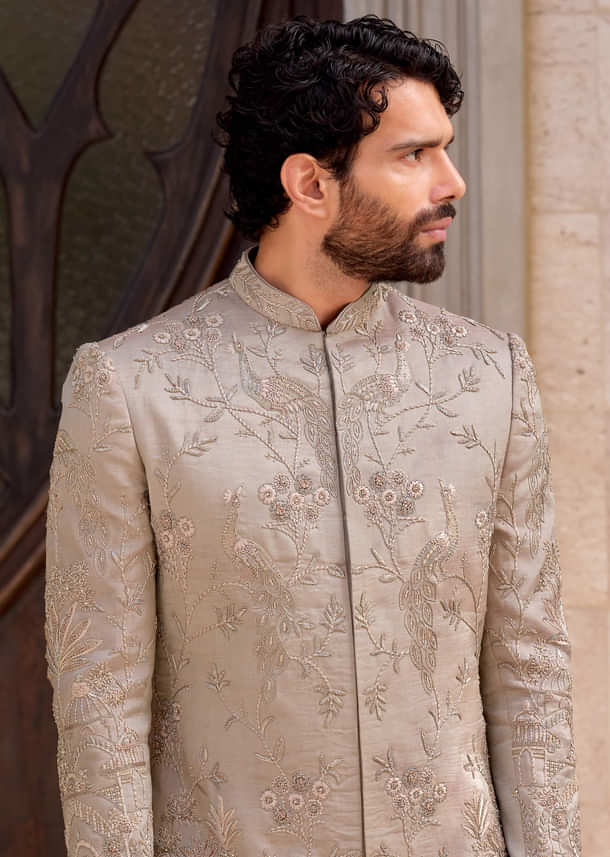Gold Tissue Sherwani For Groom With Intricate Zardosi Work
