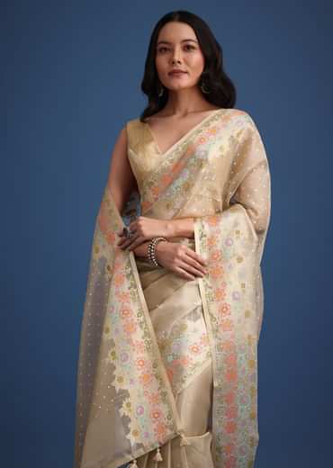 Gold Tissue Silk Saree With Resham Thread Floral Embroidered Border