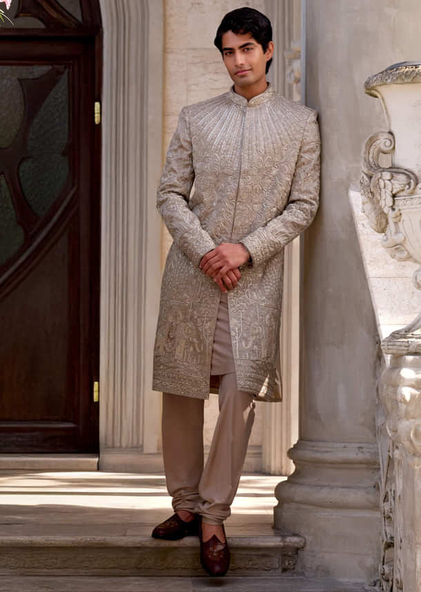 Gold Tissue Silk Sherwani For Men With Zardosi Work