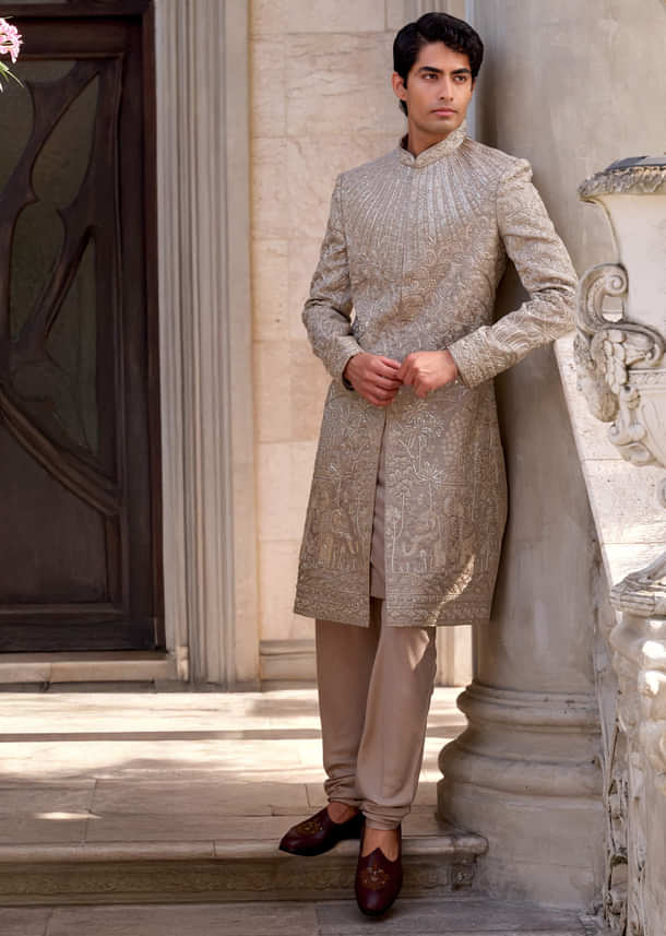 Gold Tissue Silk Sherwani For Men With Zardosi Work