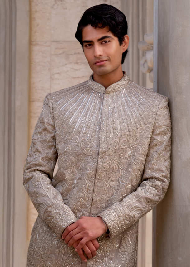 Gold Tissue Silk Sherwani For Men With Zardosi Work
