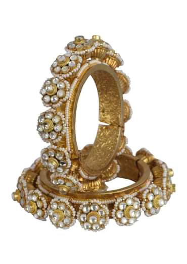Gold Tone Kundan Bangle With Pearls And Floral Motifs
