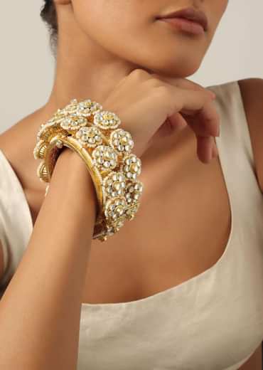 Gold Tone Kundan Bangle With Pearls And Floral Motifs