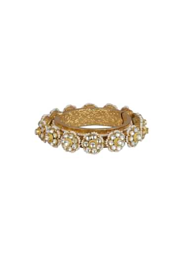 Gold Tone Kundan Bangle With Pearls And Floral Motifs