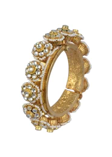 Gold Tone Kundan Bangle With Pearls And Floral Motifs