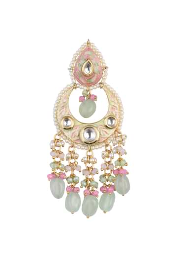 Gold Tone Kundan Chandbalis With Multi Bead Danglings