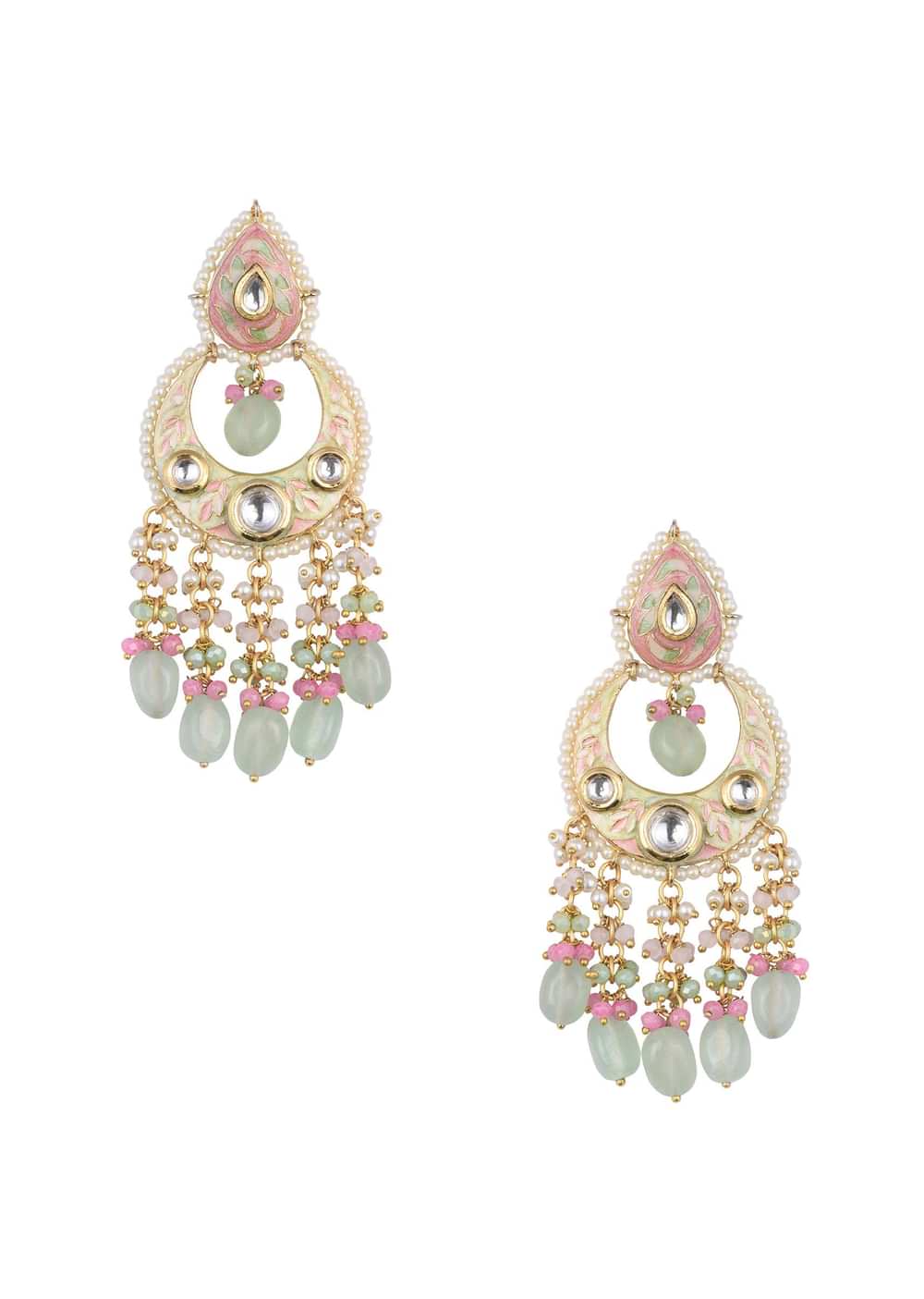 Gold Tone Kundan Chandbalis With Multi Bead Danglings