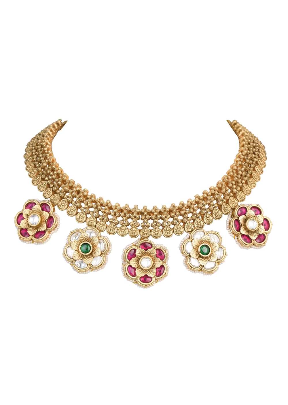 Gold Tone Pendant Drop Temple Choker Set With Meenakari Detail