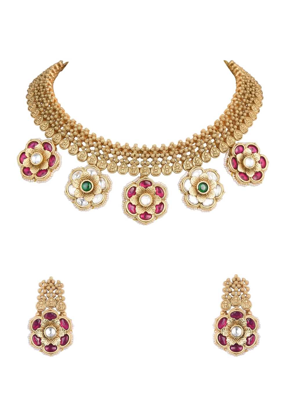 Gold Tone Pendant Drop Temple Choker Set With Meenakari Detail