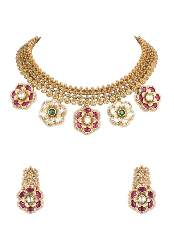 Gold Tone Pendant Drop Temple Choker Set With Meenakari Detail