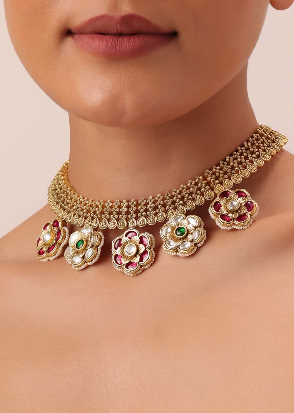 Gold Tone Pendant Drop Temple Choker Set With Meenakari Detail