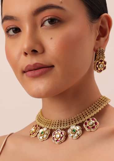 Gold Tone Pendant Drop Temple Choker Set With Meenakari Detail