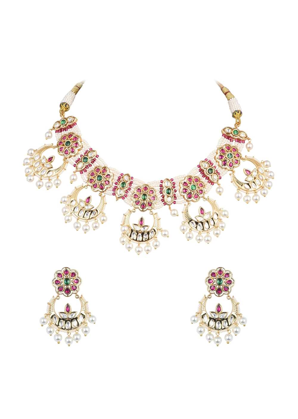 Gold Tone Temple Choker With Chandbali Earrings And Meenakari Detail