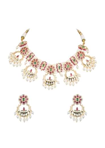 Gold Tone Temple Choker With Chandbali Earrings And Meenakari Detail