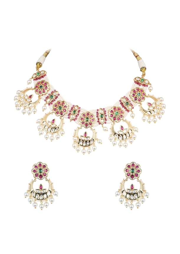 Gold Tone Temple Choker With Chandbali Earrings And Meenakari Detail
