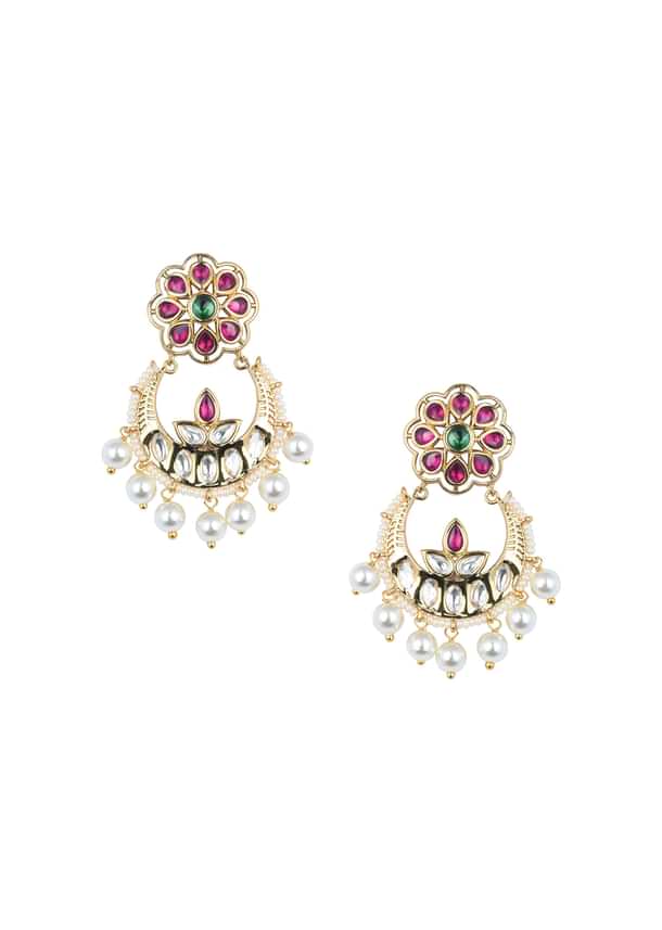 Gold Tone Temple Choker With Chandbali Earrings And Meenakari Detail