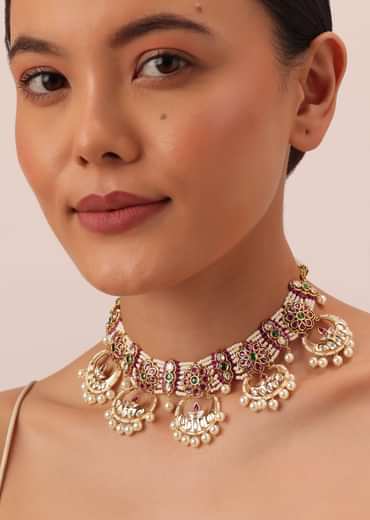 Gold Tone Temple Choker With Chandbali Earrings And Meenakari Detail