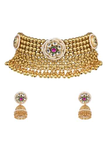 Gold Tone Temple Choker With Jhumkis And Meenakari Detail