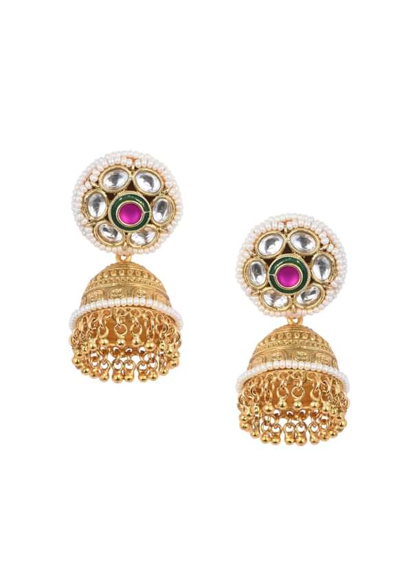 Gold Tone Temple Choker With Jhumkis And Meenakari Detail