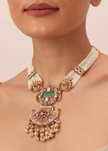 Gold Tone Temple Long Necklace Set With Meenakari And Pearls