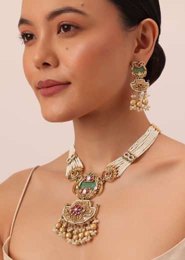Gold Tone Temple Long Necklace Set With Meenakari And Pearls