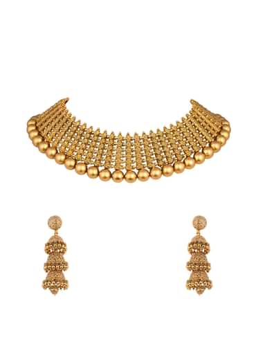 Gold Tone Temple Necklace With Layered Earrings