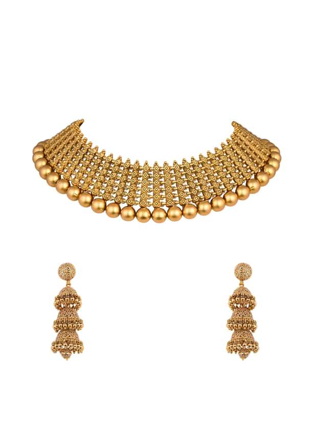 Gold Tone Temple Necklace With Layered Earrings