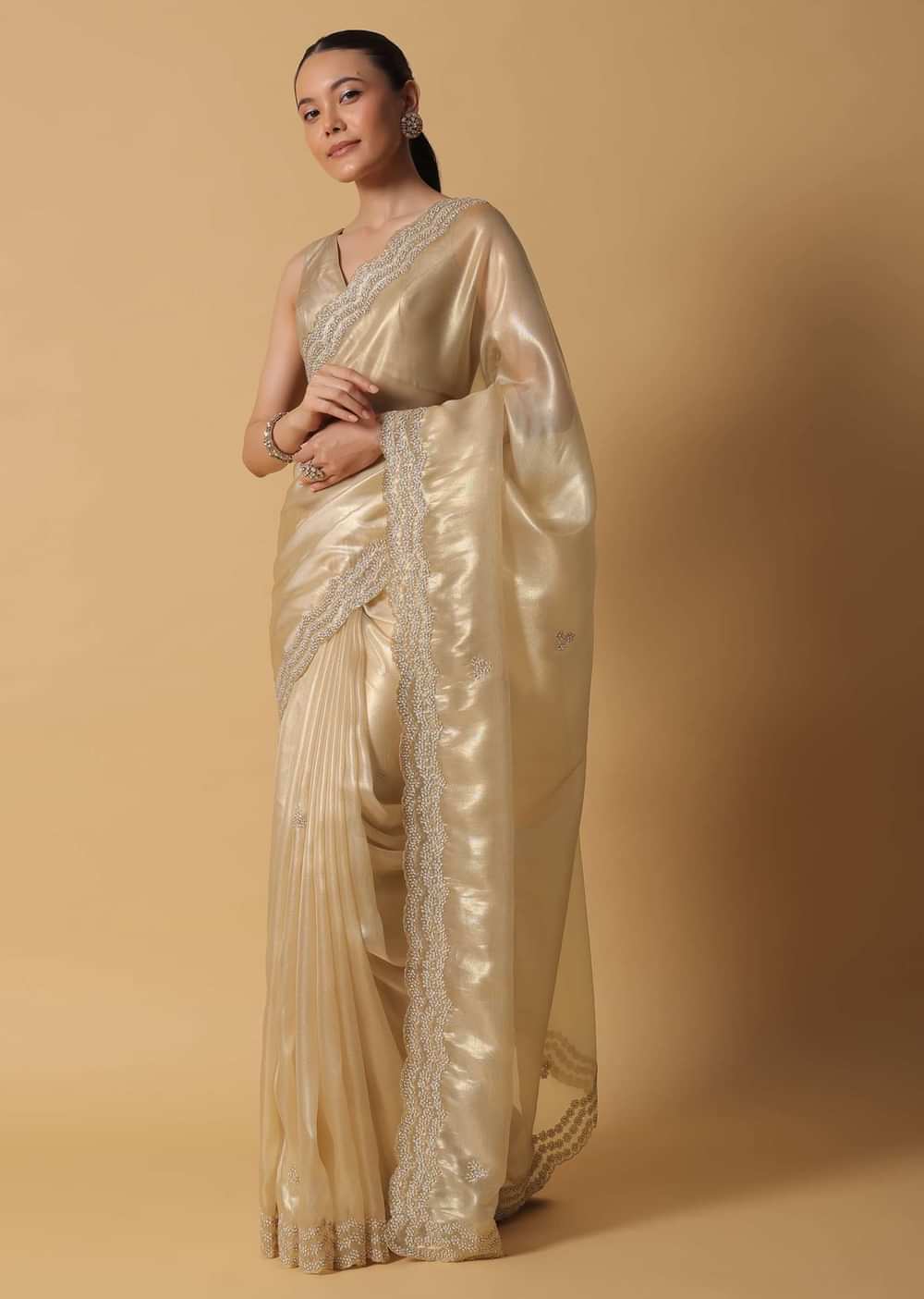 Gold Toned Foil Saree In Tissue With Cut Dana Embroidered Borders
