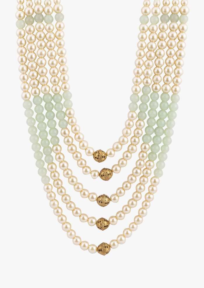 Gold Toned Layered Ivory Pearl Mala With Green Beads