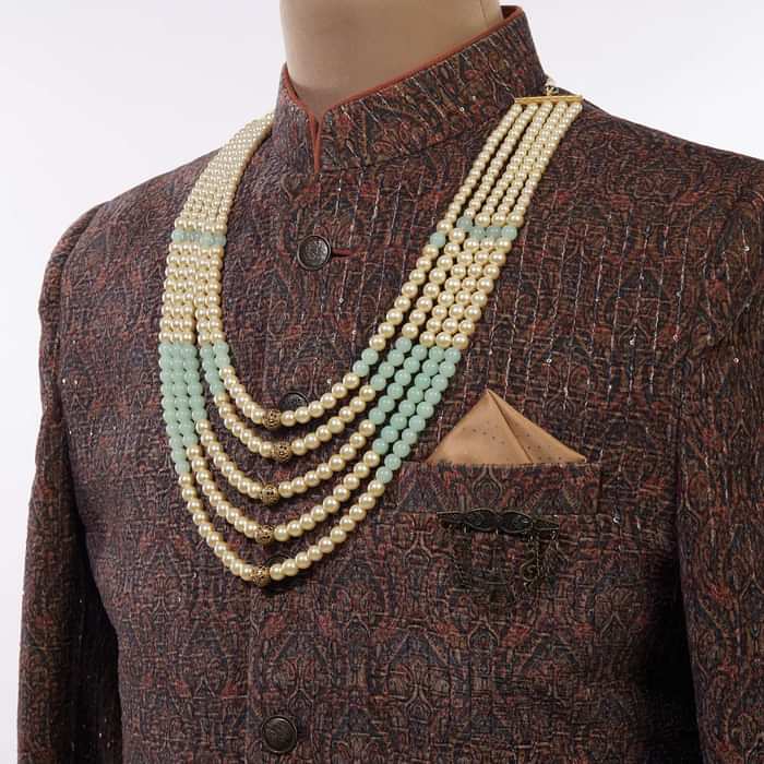 Gold Toned Layered Ivory Pearl Mala With Green Beads