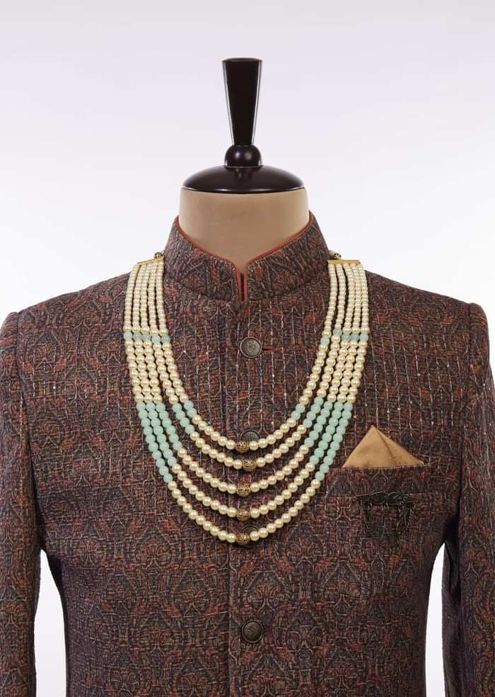 Gold Toned Layered Ivory Pearl Mala With Green Beads