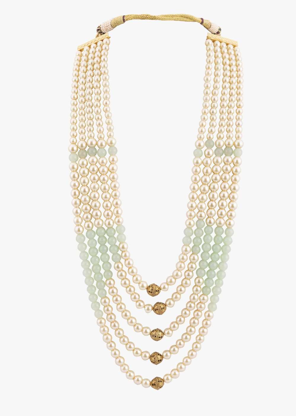 Gold Toned Layered Ivory Pearl Mala With Green Beads