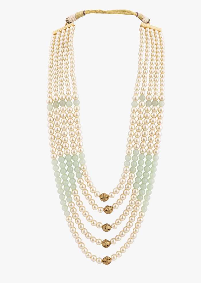 Gold Toned Layered Ivory Pearl Mala With Green Beads