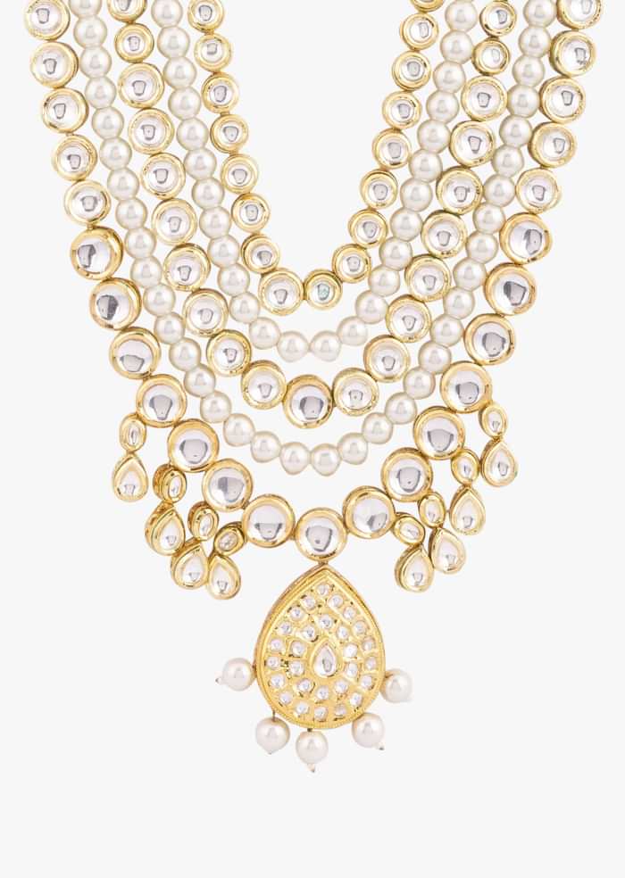 Gold Toned Multi Layered Pearl And Kundan Mala