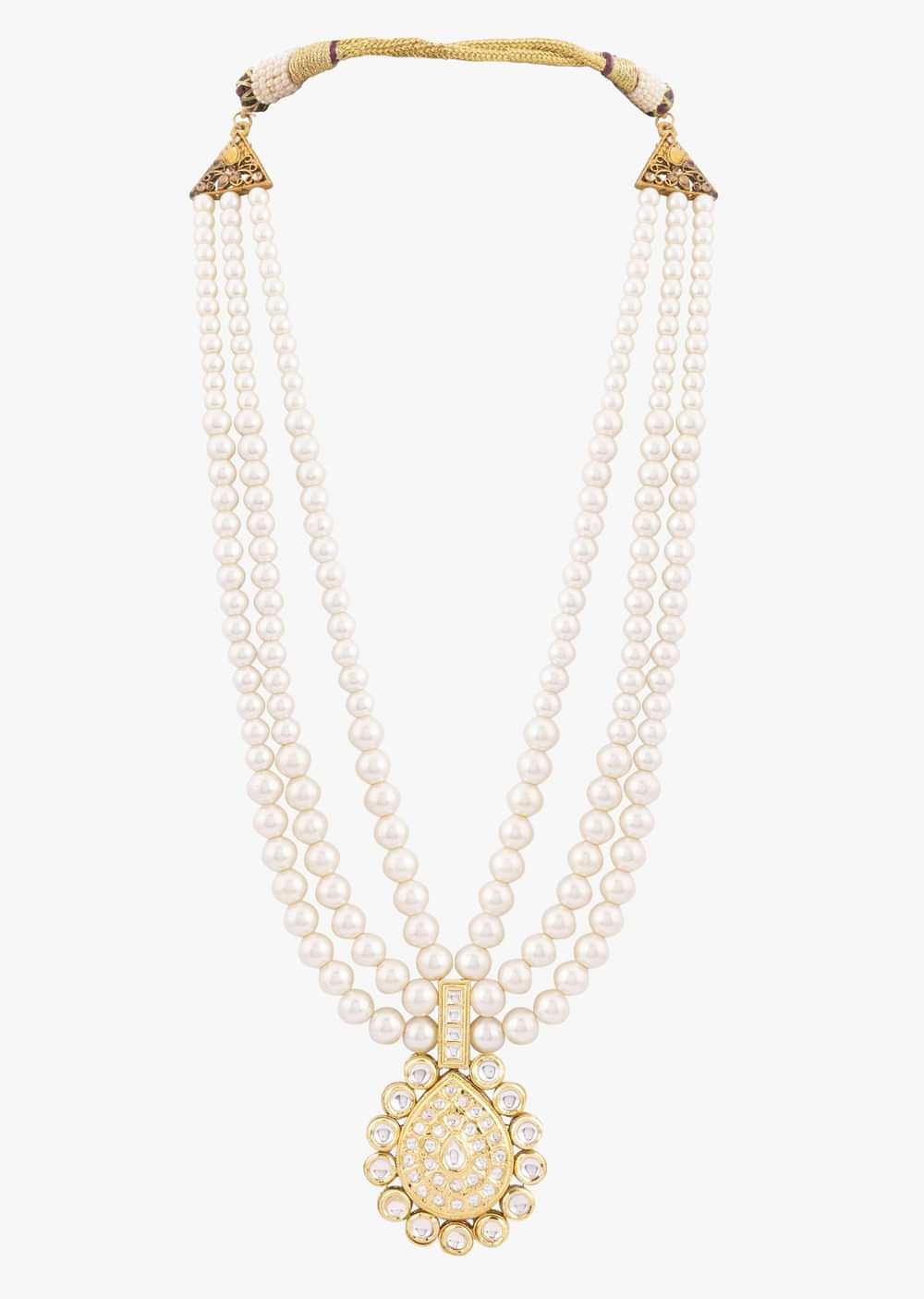 Gold Toned Multi Layered Pearl Mala With Kundan Centre Piece