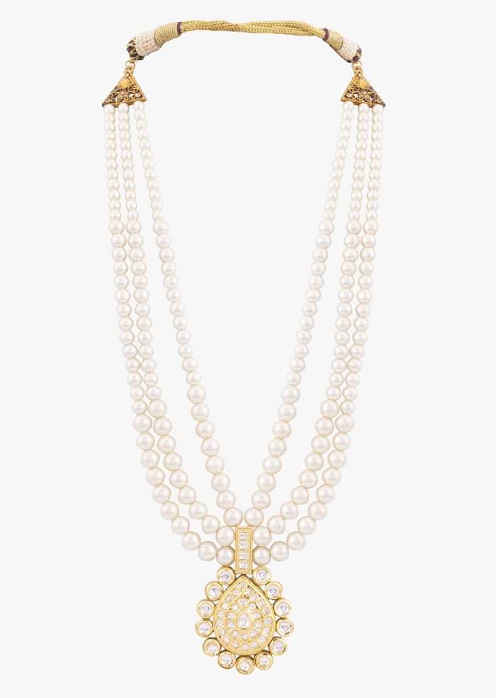 Gold Toned Multi Layered Pearl Mala With Kundan Centre Piece