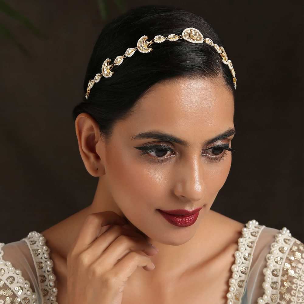 Gold Varini Headband With Severl Kundan Units Lined With Pearls By Paisley Pop
