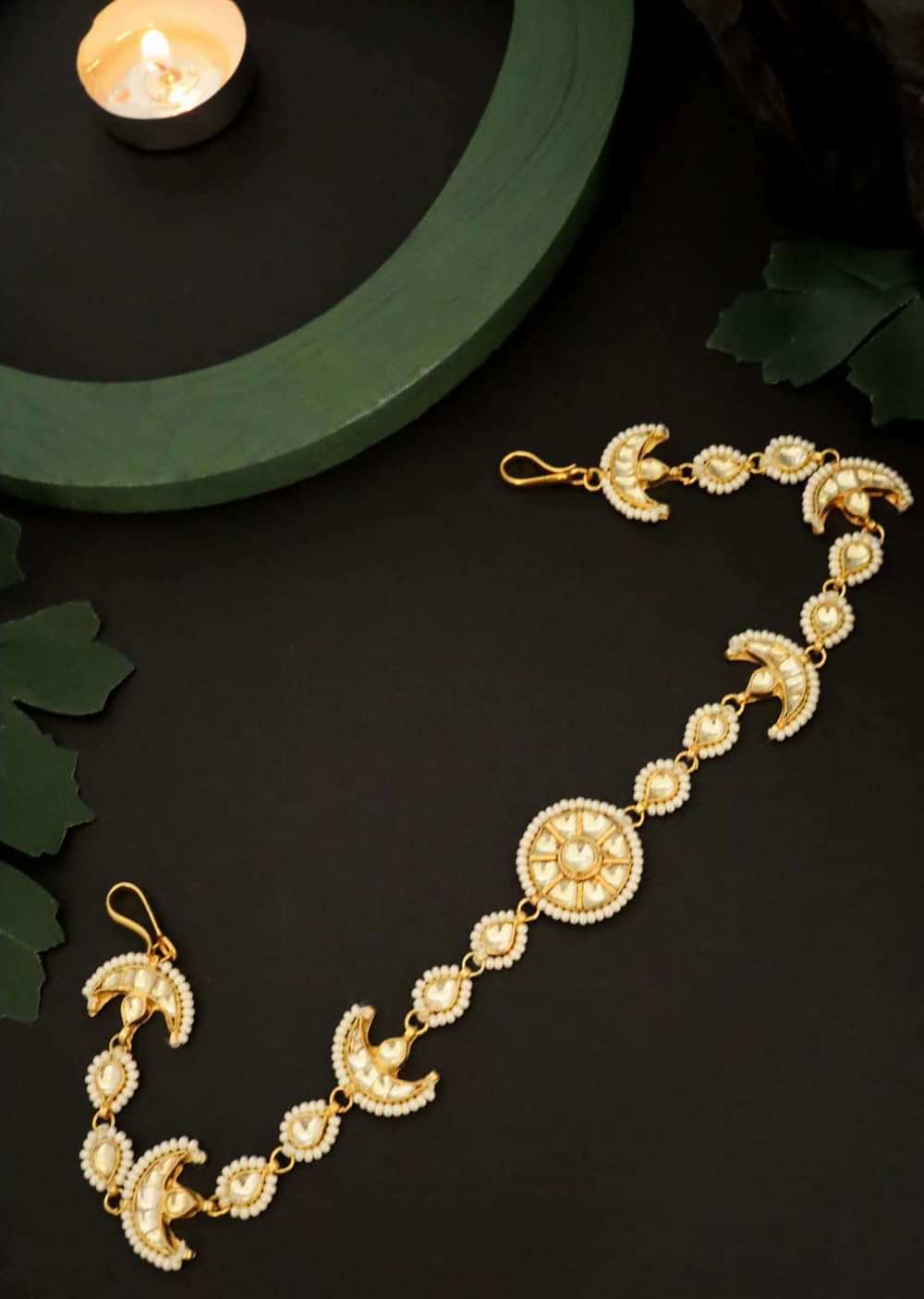 Gold Varini Headband With Severl Kundan Units Lined With Pearls By Paisley Pop